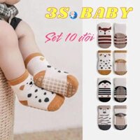 Sét 10 đôi tất chống trượt cho bé 0-3 tuổi hình thú vải cotton len mềm mại BN03