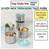Set 10 Hộp Inox Tròn Giữ Nhiệt Thực Phẩm, Khay Inox Tròn, Nắp Chống Tràn Cho Hộp Cơm, Nắp Đậy Hút Chân