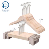 Set 10 móc treo quần áo gỗ mộc người lớn và trẻ em đầu móc dài, combo 10 chiếc móc kẹp gỗ cổ dài treo quần áo