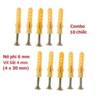 Set 10 Vít + Nở 6 Nhựa Giá Rẻ, Vít Sắt Kèm Nở Vàng 6, Nở Nhựa Đóng Tường, Phù Hợp Lỗ Khoan 6. TakyShop 5080_VIt_No_Re