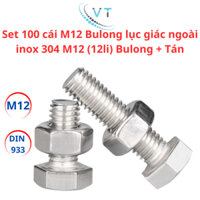 Set 100 cái M12 Bulong lục giác ngoài inox 304 M12 (12li) Bulong + Tán