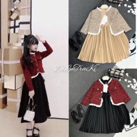 Set (10_35kg) áo khoác kèm váy liền thiết kế dập ly xinh xắn chanh xả bé gái (hàng shop xịn)