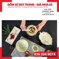 [SÉT 12 - Gồm 08 MÓN] 🍀 BỘ ĐỒ ĂN MEN KEM VẼ ĐÀO ĐỎ 🍀[CAO CẤP BÁT TRÀNG] Bát, Đĩa, Tô, Chén Bát Tràng Sang Trọng ⚡