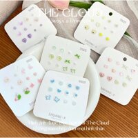 Set 12 khuyên tai nữ Thecloud.chic X147 chuôi bạc S925 phủ màu hình trái tim bông hoa cánh bướm hạt trai minisize