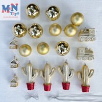 Set 19 món đồ treo cây thông Noel quả châu 6cm , 8cm, cây xương rồng, tàu hỏa, ngôi nhà trang trí Giáng Sinh màu vàng