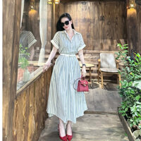 Set 2 chi tiết áo sơ mi cổ bẻ phối chân váy midi dáng xoè tone màu kẻ sọc xanh style cá tính năng động dành cho các nàng