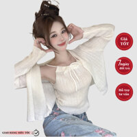Set 2 chi tiết dệt kim HUNALY áo khoác ngoài cardigan và áo 2 dây yếm sexy cho nữ thời trang len mềm mịn N033