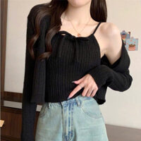 Set 2 chi tiết dệt kim HUNALY áo khoác ngoài cardigan và áo 2 dây yếm sexy cho nữ thời trang len mềm mịn N033