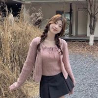 Set 2 chi tiết dệt kim INFLACHI áo khoác ngoài cardigan và áo 2 dây yếm sexy cho nữ thời trang len mềm mịn N033