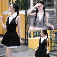 Set 2 chi tiết H40 (áo váy+ chân váy) áo phối cổ sơ mi kết hoa phối chân váy trắng thô xoè ngắn