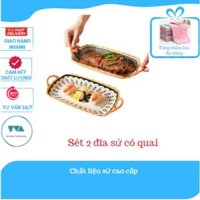 SET 2 ĐĨA gốm sứ Đựng Trái Cây, Hấp Cá,, Đựng Hoa Quả Hình Chữ Nhật 2 Quai Họa Tiết Hoa Văn Thổ Cẩm Lạ Mắt