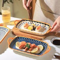 SET 2 ĐĨA gốm sứ ĐỰNG TRÁI CÂY, HẤP CÁ HÌNH CHỮ NHẬT 2 QUAI HỌA TIẾT HOA VĂN THỔ CẨM LẠ MẮT(TL)