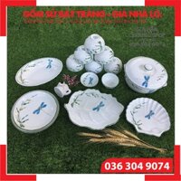 [SÉT 2 - Gồm 8 MÓN] 🍀 BỘ ĐỒ ĂN MEN KEM VẼ TRÚC CHUỒN 🍀[CAO CẤP BÁT TRÀNG] Bát, Đĩa, Tô, Chén Bát Tràng Sang Trọng ⚡