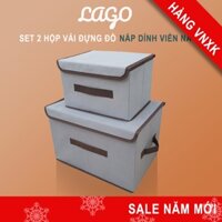 Set 2 Hộp vải đựng quần áo có nắp đậy viền nâu gấp gọn chia ngăn sắp xếp tủ quần áo LAGO Túi giỏ vải đựng đồ nhiều ngăn
