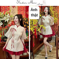 Set 2 món áo cổ Tàu cột nơ tơ gấm chỉ nổi 2 lớp chân váy xoè chun quần trong y hình màu đỏ mặc Noel Tết ai cũng lì xì