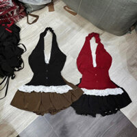 Sét 2 món áo cổ yếm đính nút phối viền ren + chân váy ngắn thun lạnh