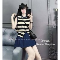 Set 2 món áo kẻ sọc sát nách kèm chân váy jean xòe ngắn TOMBI SHOP