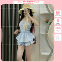 Set 2 Món Áo Ống Nhún Kèm Quần Đùi Bèo Chất Kate Sọc Mát Phong Cách Hàn Quốc -K5617