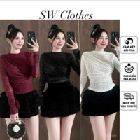 Sét 2 món áo ren cổ trụ tay dài đính hoa kèm chân váy tầng ngắn