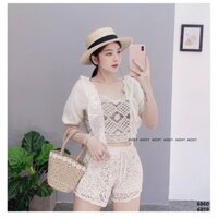 set 2 món - áo ren croptop pha tay bồng + quần ren hoạ tiết đồng xu (có bán tách rời)