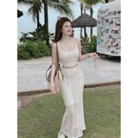Set 2 Món Áo Ren Hai Dây Croptop An Day Lưng Kèm Chân Váy Midi Sang Chảnh - D1096 TH