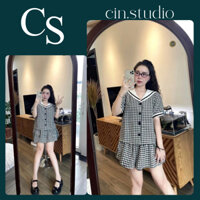 Set 2 Món Áo Thủy Thủ Kẻ Caro Cổ Trắng Kèm Chân Váy Kẻ Ngắn Siêu Xinh C2