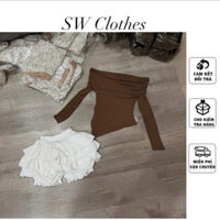 Sét 2 món áo trễ vai nâu kèm chân váy bí tầng trắng