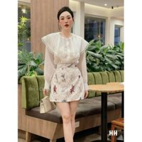 Sét 2 món áo voan trắng cổ bèo ren + Chân váy hoạ tiết