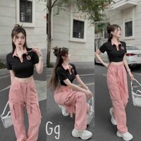 Set 2 món Bộ Quần nữ Túi hộp Kaki phối kèm Áo Thun Cổ trụ Thêu dành cho các nàng Tiểu thư đi chơi Thời trang ShopAmemo