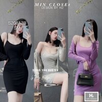 Set 2 Món Đầm 2 Dây Ôm Body Form Ngắn Kèm Áo Khoác Lửng Cardigan Dài Tay Không Nút Thun Co Dãn 3 Màu #S2087