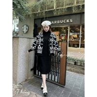 Set 2 món đầm len đen dáng suông kèm áo khoác họa tiết thổ cẩm tay dài hàng đẹp QC TOMBI SHOP