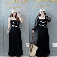 set 2 món đầm maxi 3 lỗ dáng dài in chữ