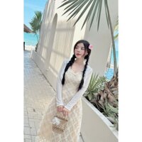 Set 2 món đầm midi 2 dây ren hoa thêu + Áo khoác lưới tay dài