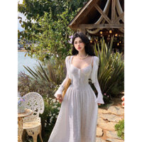 Set 2 Món Đầm Váy Midi Dáng Dài Maxi 2 Dây Cột Nơ Mix Áo Khoác Cardigan Trắng Đen