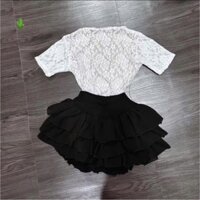 Set 2 món gồm áo ren hoa ngắn tay mix chân váy voan tầng xinh