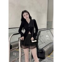Set 2 món gồm áo thun dài tay tà xê giữa phối nút mix chân váy ngắn lưng thun chất tơ lụa siêu mịn