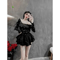 Set 2 món gồm áo thun gân chéo vai đính nơ phối chân váy ngắn lưng chun giá hạt dẻ