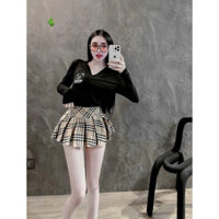 Set 2 món gồm áo thun gân tay dài in gấu phối chân váy xếp ly hoạ tiết caro