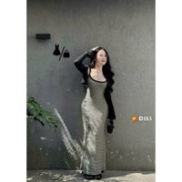 Set 2 món gồm đầm 2 dây sọc ngang dáng dài ôm body phối áo khoác tay dài hot hit