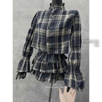 Set 2 món kẻ caro áo kiểu cổ tàu dáng ngắn tay dài bo phồng kèm chân váy ngắn xòe có lót TOMBI SHOP