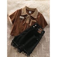 Set 2 món quần jean đùi áo lửng cổ sơ mi phong cách cao bồi girl,tươi trẻ