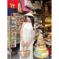 Sét 2 món sang trọng :  áo cổ yếm sóng bèo và quần suông ống rộng chất voan phối thun sọc D0883 Thái Nga Store