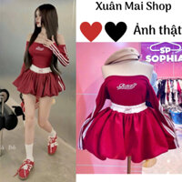 Set 2 món thể thao đỏ đen sọc trắng áo trễ vai chân váy bí phồng mặc đi chơi Noel Tết chụp ảnh