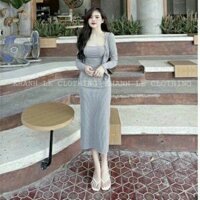 Sét 2 món váy 2 dây body dáng dài kèm áo khoác cardigan sang chảnh co giãn 4 chiều
