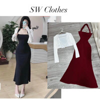 sét 2 món váy đuôi cá cổ yếm dài kèm khoác trắng sẵn mút ( video shop quay thật )