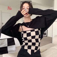 set 2 món yếm kẻ caro áo croptop dài tay phông cách dance hs