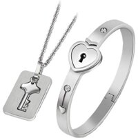 Set 2 nhẫn/ vòng cổ và vòng tay hình ổ và chìa khoá trái tim màu bạc làm quà tặng valentine cho cặp đôi