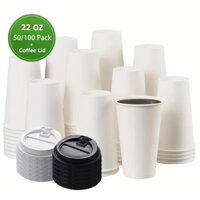 Set 200 cốc giấy đựng đồ uống dùng một lần 22oz-650ml có nắp, cốc giấy dùng một lần màu trắng, cốc giấy đựng đồ uống