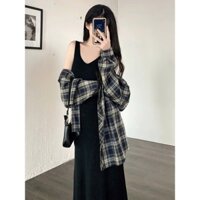 Set 2in1 áo khoác kẻ sọc xanh mix chân váy đen from ôm dáng từ 40-70kg -Q1