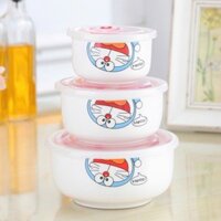 Set 3 bát sứ Doraemon có nắp tiện lợi Mini Min